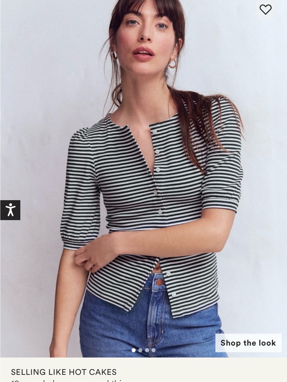 Boden Black & White Striped Button-Front Short Sleeve Top